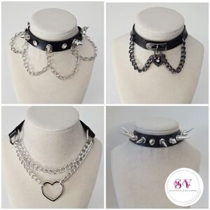 Bundle Of 4 Black Chokers With Silver Hardware